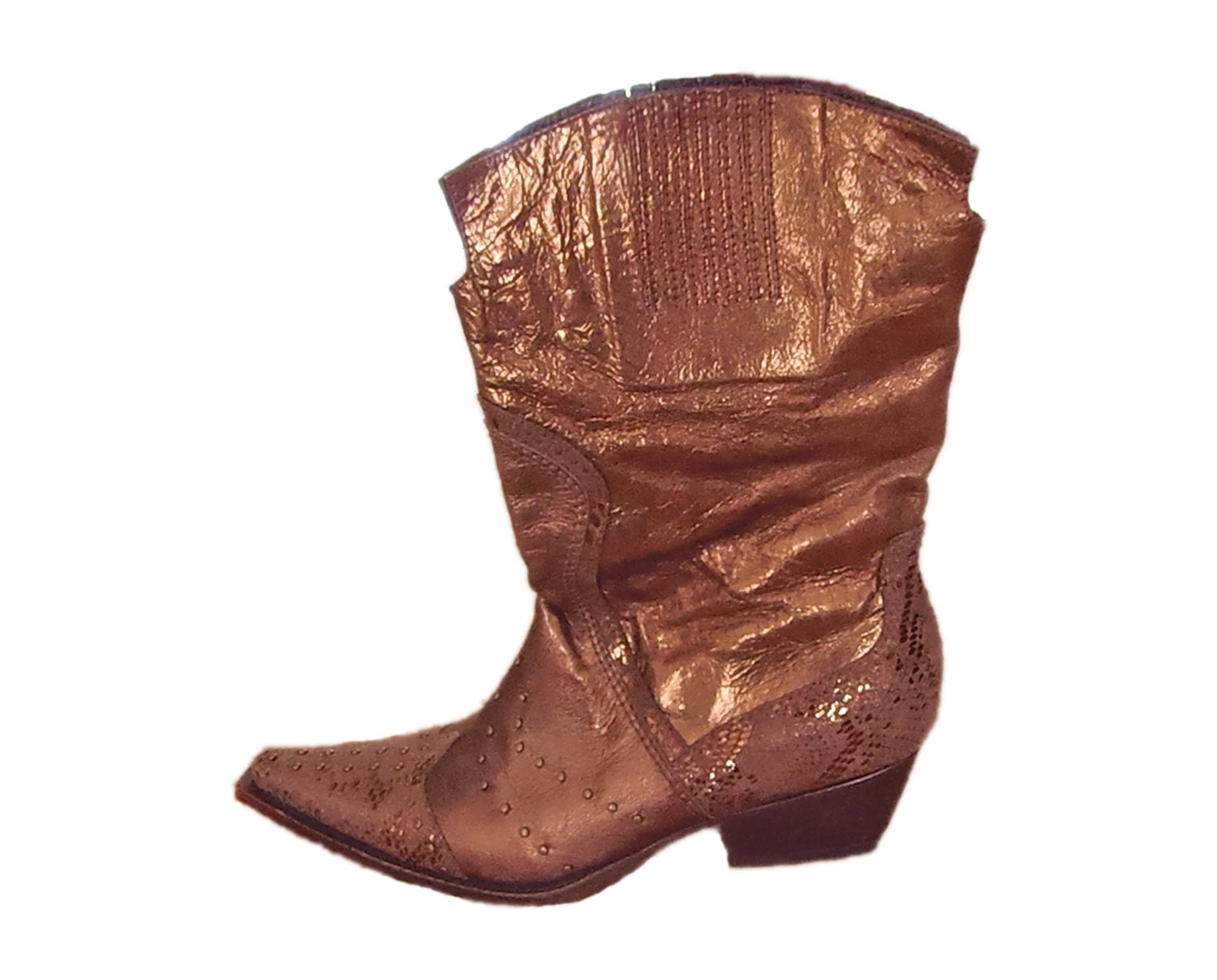 80s Cowboy Boots - Bronze - Pointed Toe - Crocodile Style -Shimmery - Studded Boots - Short Cowboys - Womens Size 7.5