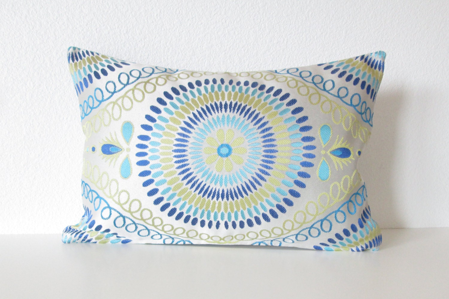 Decorative pillow cover - 12x18 - Medallion - Silver - Blue - Citrine - Medallion Lumbar Pillow - Lumbar Pillow