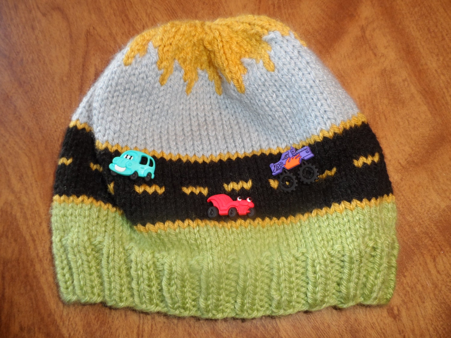 Fun, Hand Knit Little Boys "Road" Hat with Car Buttons