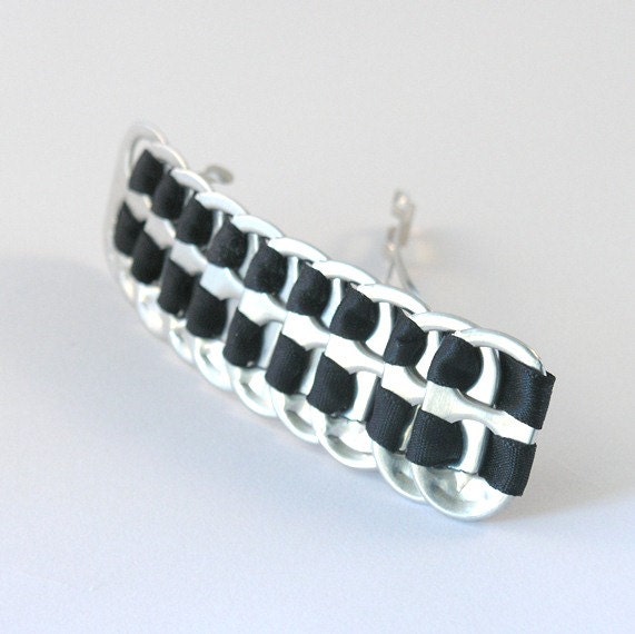 upcycled pop tab hair barrette- black, stacked weave, 3 1/4 inch