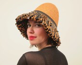 Vintage 1960s Mod Hat in Orange and Black Woven Straw Black Sequins Space Age