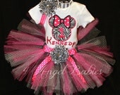 MINNIE MOUSE Inspired Hot Pink Zebra 3 Piece Glitter Tutu Outfit Girls First Birthday INCLUDES TuTu, Hairpiece, and Top Choose Size, Numer