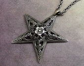 Star Necklace Large Victorian Filigree Antiqued Silver, Ornate Pendant