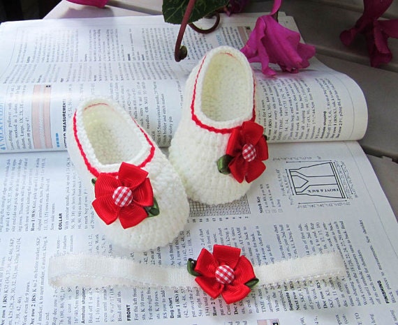 Red Flower Crochet Baby Booties and Headband Set- 4 Sizes