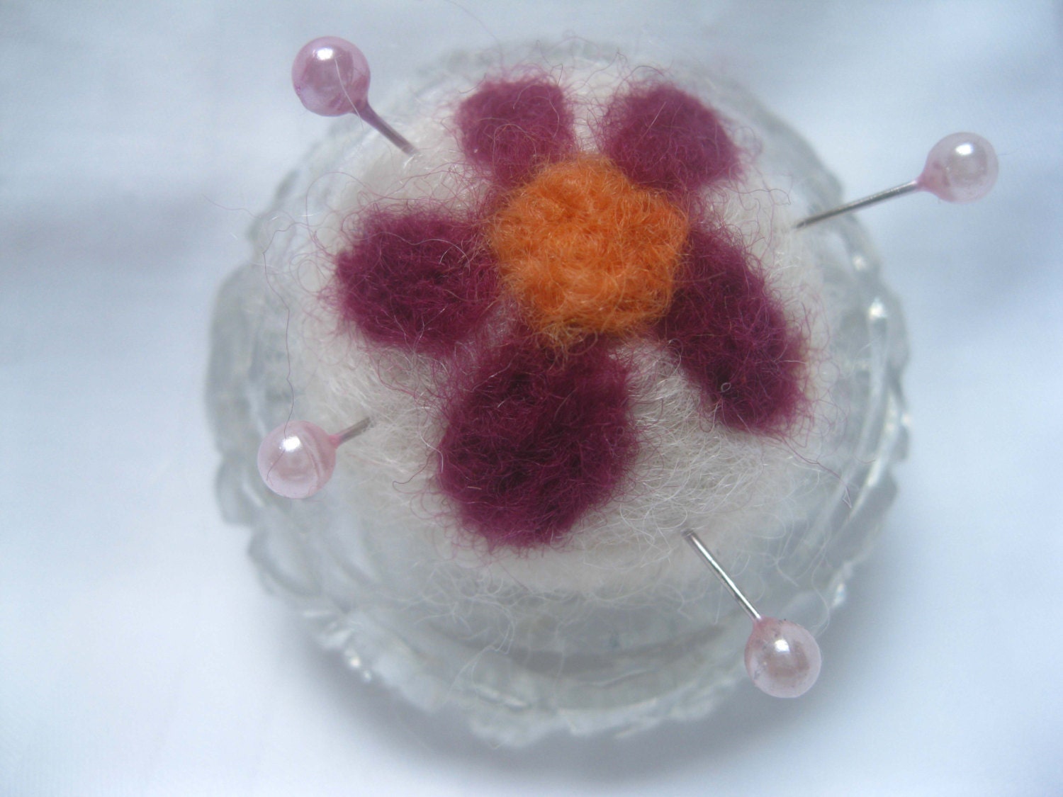 Flower Needle Felted Pin Cushion in Vintage Glass Salt