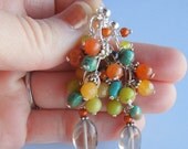 Earthy Chandelier Cluster Earrings - Natural Stone Turquoise, Carnelian, Smokey Quartz, Brown Coral, Green Serpentine in Sterling Silver