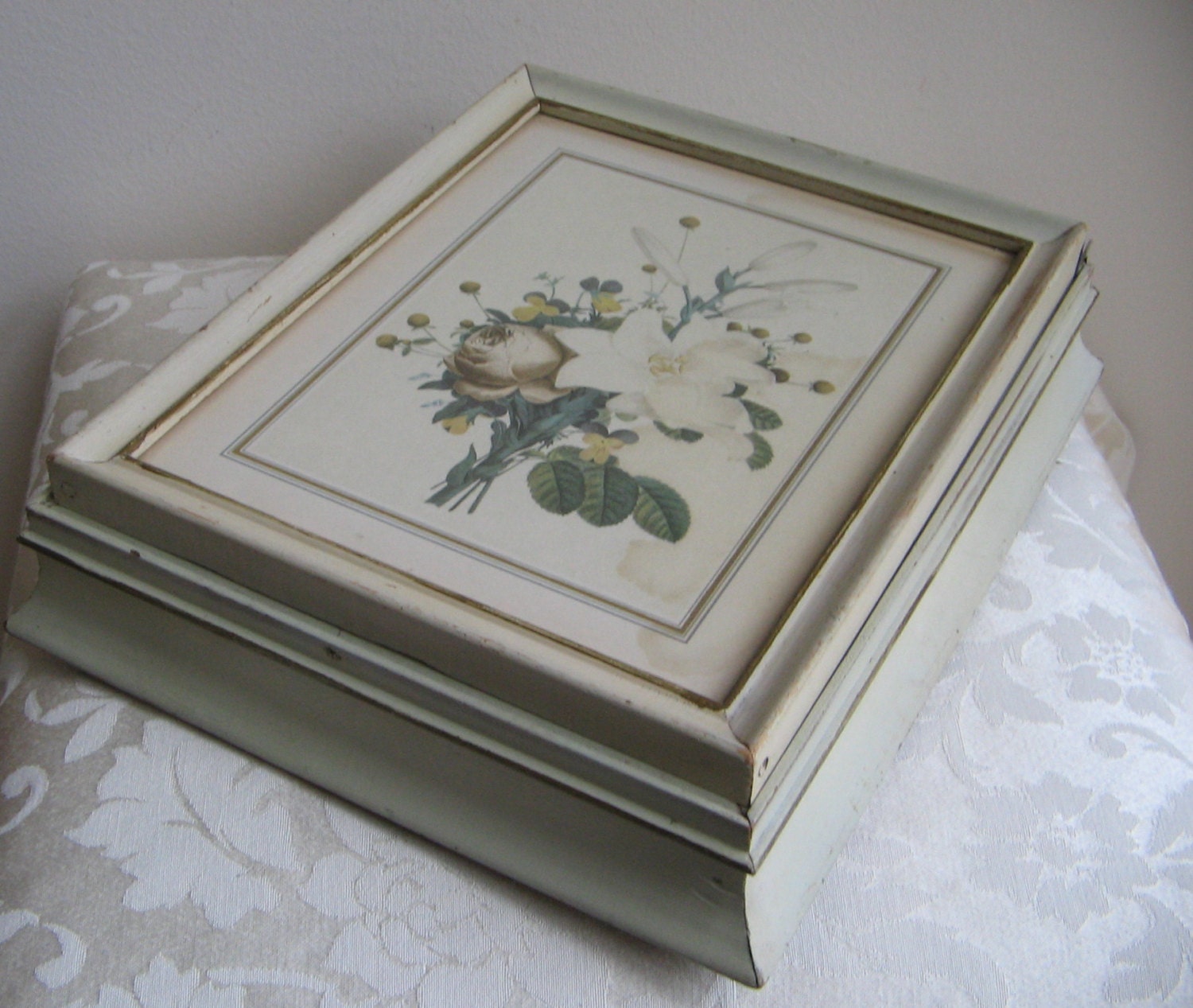 Vintage Cream Wood Jewelry Treasure Box Floral Print Frame Glass Top Mirror, Shabby Cottage French Country STUNNING
