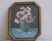 Vintage Floral Wall Art Print Flowers Vase Turquoise Black Green, Cottage Chippy Wood Frame Octagon DRAMATIC