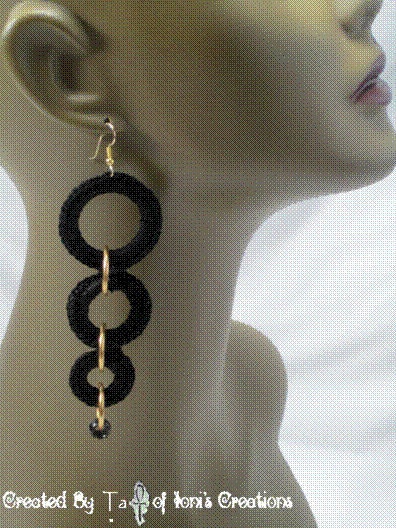 Black and Gold 6 Circles and a Bead Drop Earrings