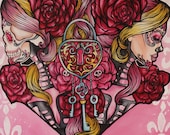 Day of the dead Tattoo Art Stretched Canvas Print, "Mi Corazon" 16 by 20 Lowbrow Tattoo home decor Sugar Skulls