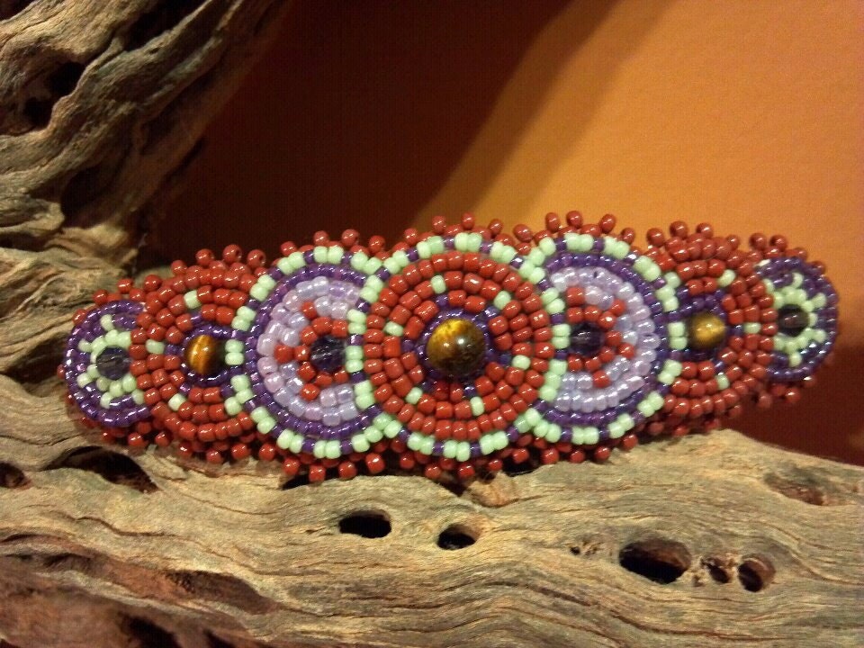 Brown Purple Barrette Swarovski Tiger Eye Handmade Seed Beaded Unique New Gift RioGrande