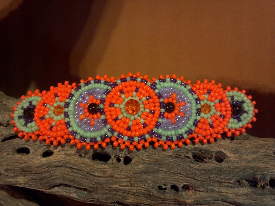 Orange Purple Barrette Swarovski Handmade Seed Beaded Unique New Gift Sunset Siesta