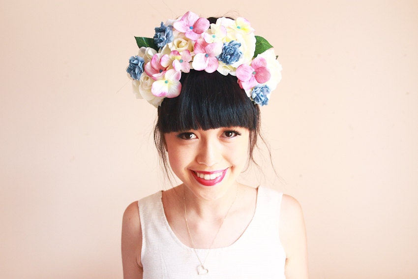 statement flower crown headband  // blue pink cream pastel, wedding bridal headpiece, quirky, lana del rey, summer, festival