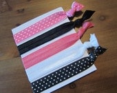 Set of Five (5) Soft Elastic Ponytail Holders Hairties Bracelets Black and Pink Collection