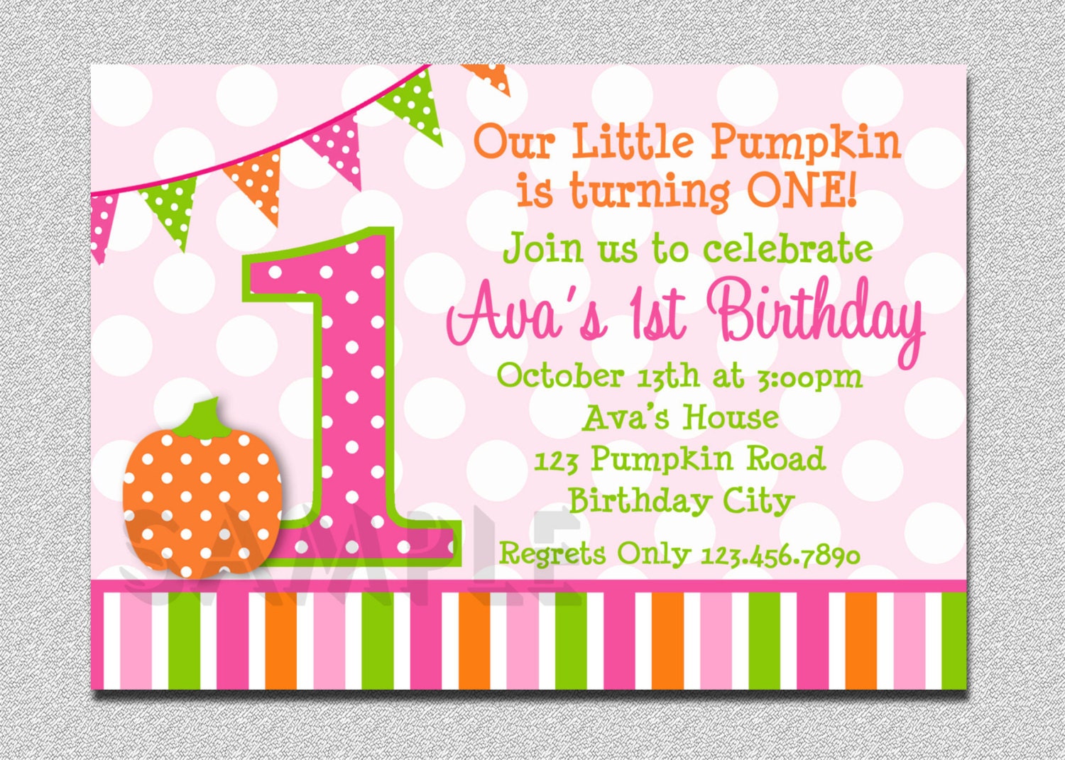 Pumpkin Birthday Invitation  Polka Dot  Pumpkin 1st Birthday Party Invitation