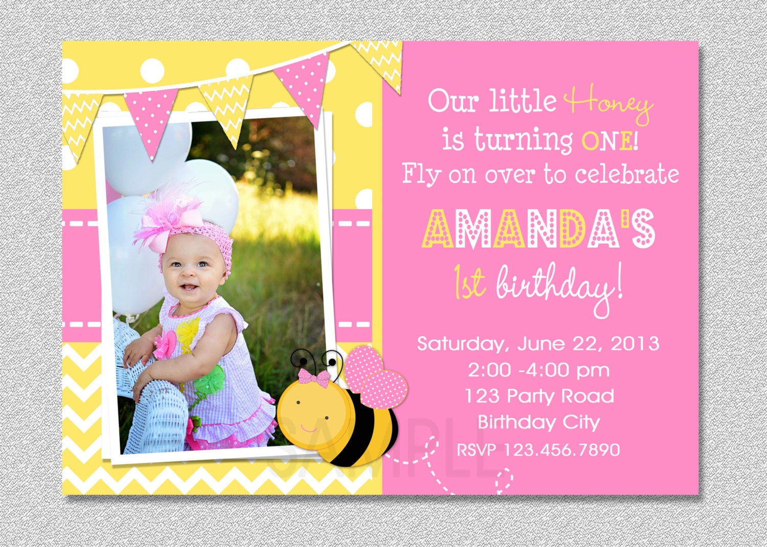 Pink Bumble Bee Birthday Invitation , Bumble Bee 1st Birthday Invitation Printable Il_170x135