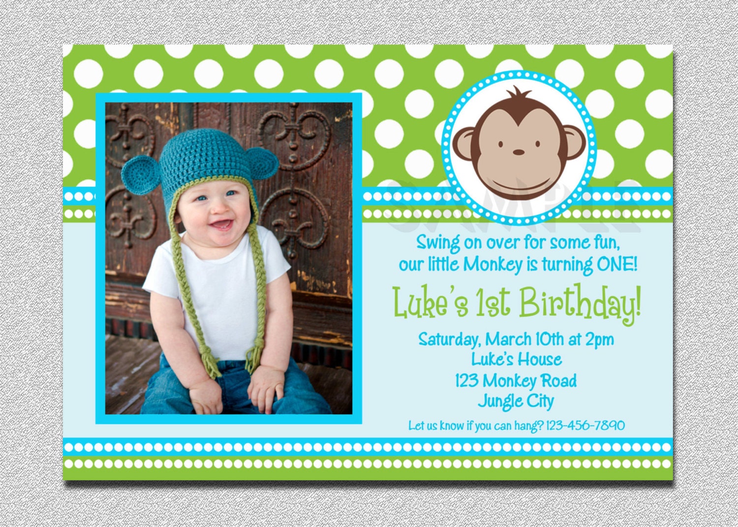 Mod Monkey Birthday Invitation 1st Birthday Polka Dot Birthday Party Invitation Boys or Girls Printable Il_570xn