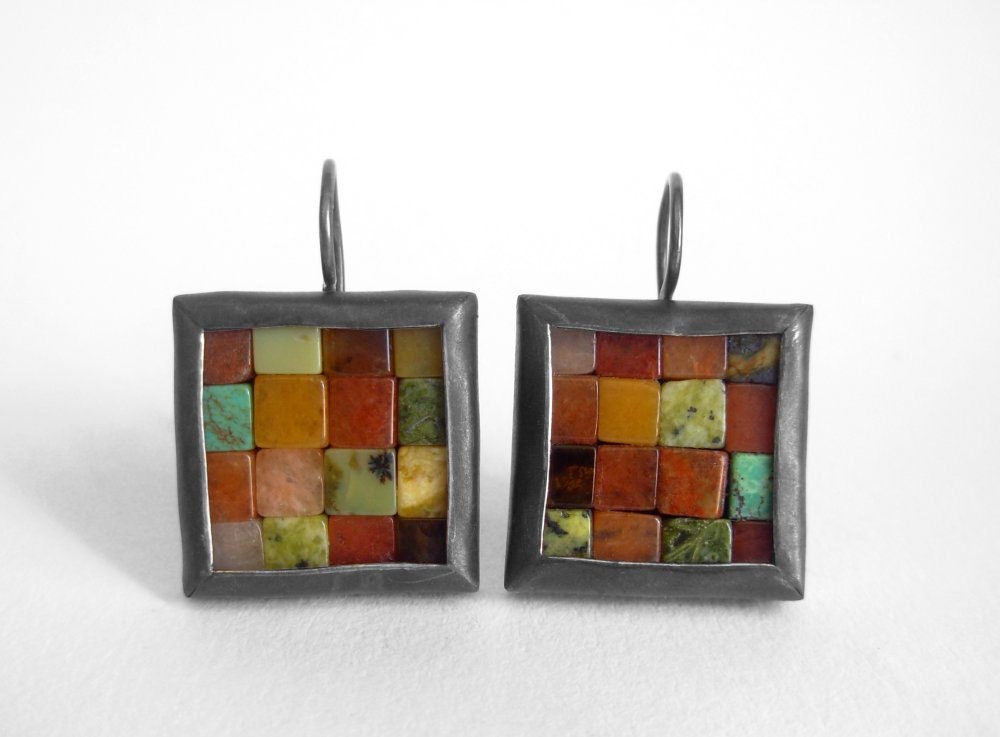 Mosaic Earrings - Red Orange Gemstones & Silver