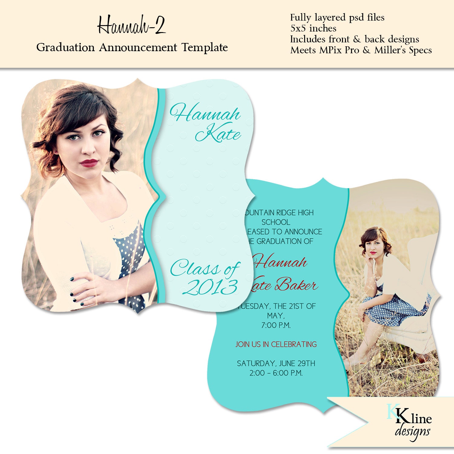 HANNAH-2 Senior Graduation Announcment - Perfect for Photographers - 5x5 Flat - Two Sided - Square