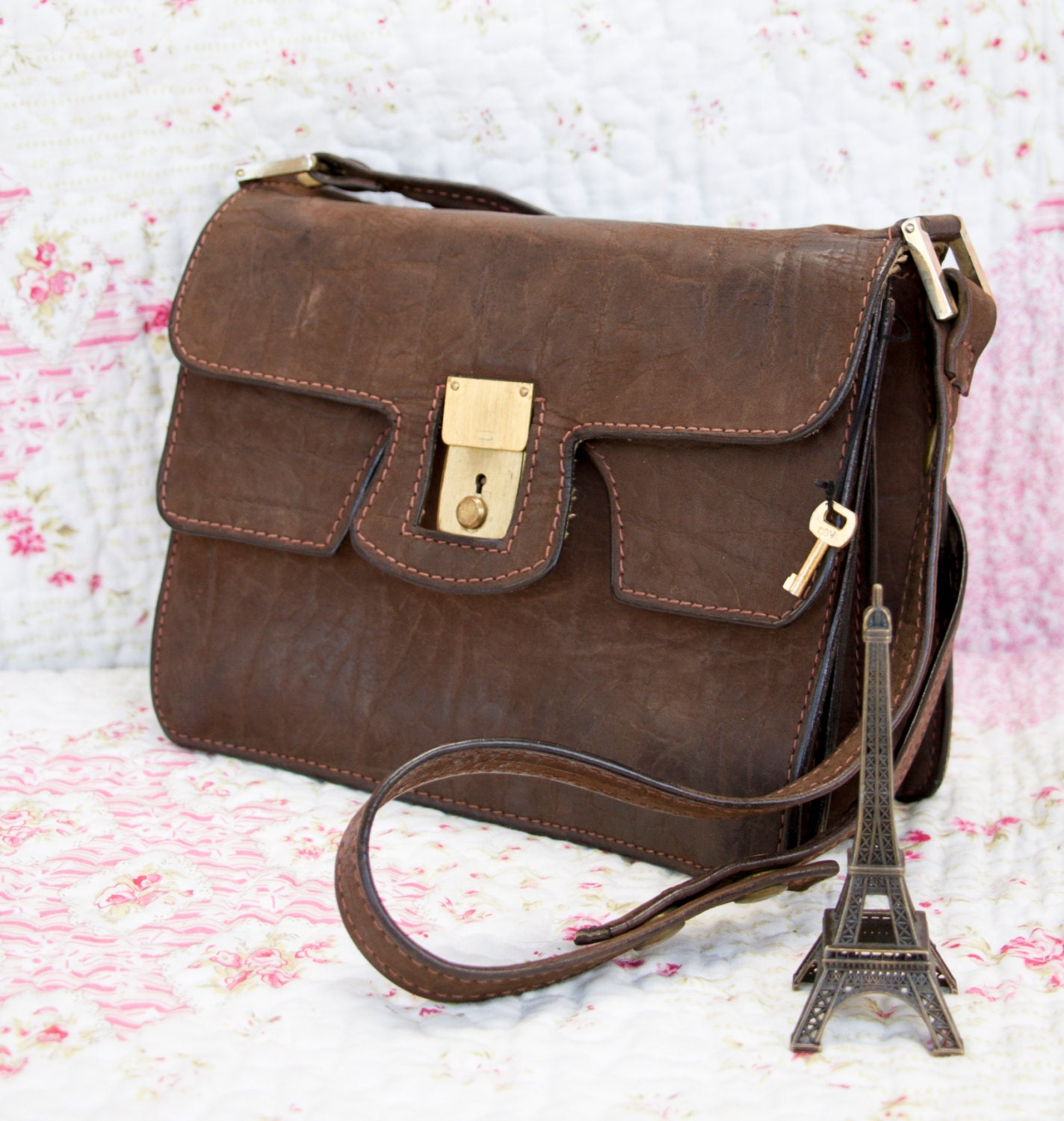 Corrine, French Vintage, Dark Tan Leather Satchel, Messenger Crossbody Handbag from Paris