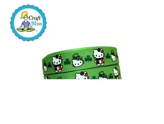 Irish Hello Kitty Shamrock 7/8" Ribbon by the Yard St Patricks Day Party Decor Favors Hairbows Crafts Il_570xn