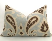Ikat Designer Lumbar Pillow - 12x18 inch - Light Blue - Chocolate - Linen - Ikat Pillow - Decorative Pillow - Linen Pillow - Blue Pillow