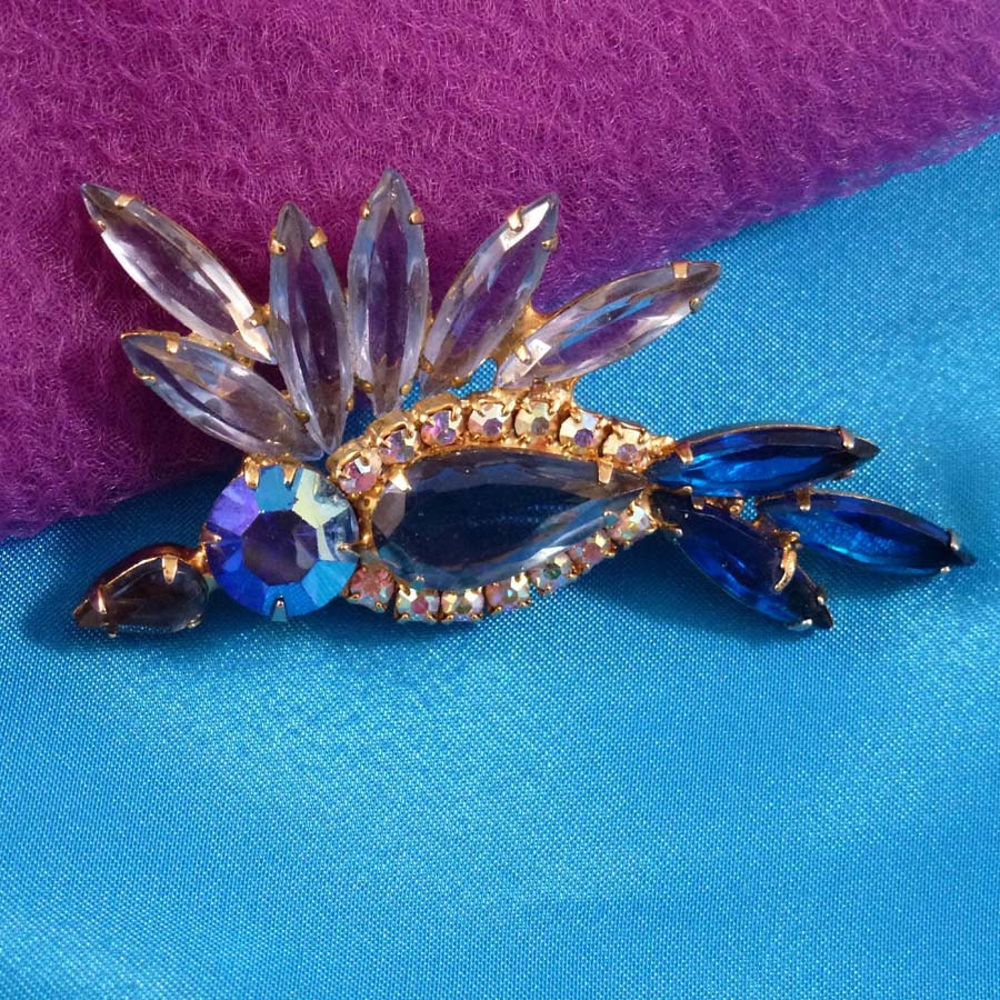 Vintage Juliana Blue Rhinestone Brooch, Figural Bird Pin