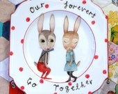 Happy Bunnies With Dots Together Forever Vintage Illustrated Plate