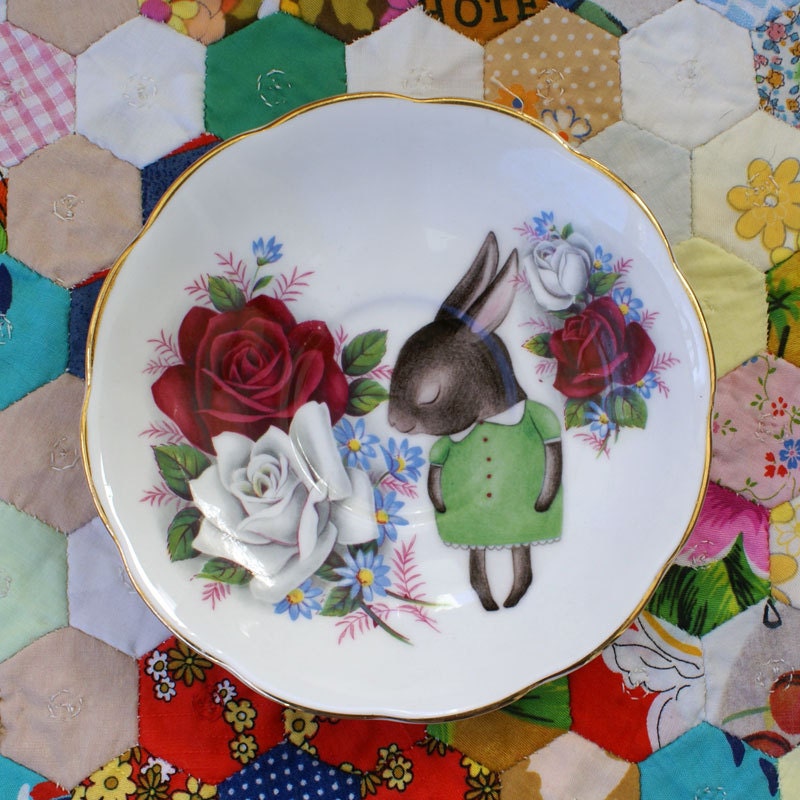 Green Shy Bunny with Red and White Rose Floral Vintage Illustrated Plate