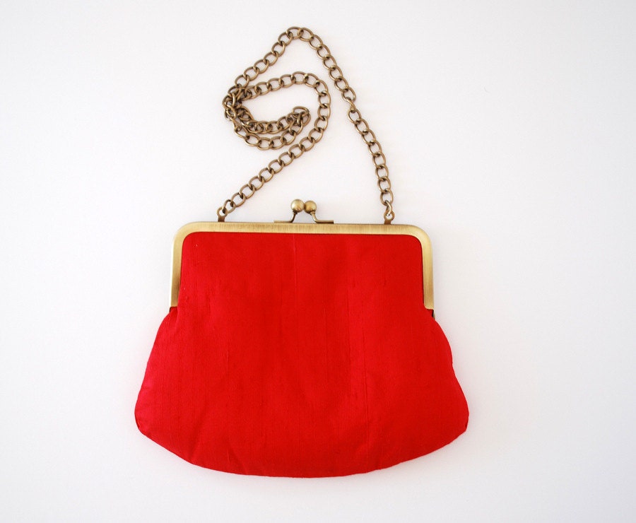 clutch purse. red silk kisslock purse. chain purse. snap purse