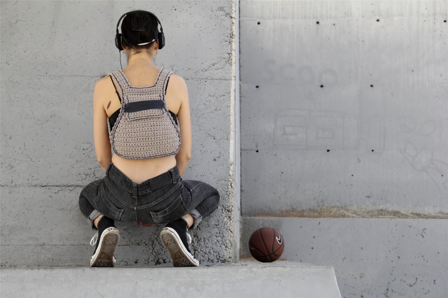 Hipster Backpack with leather stripe in grey beige
