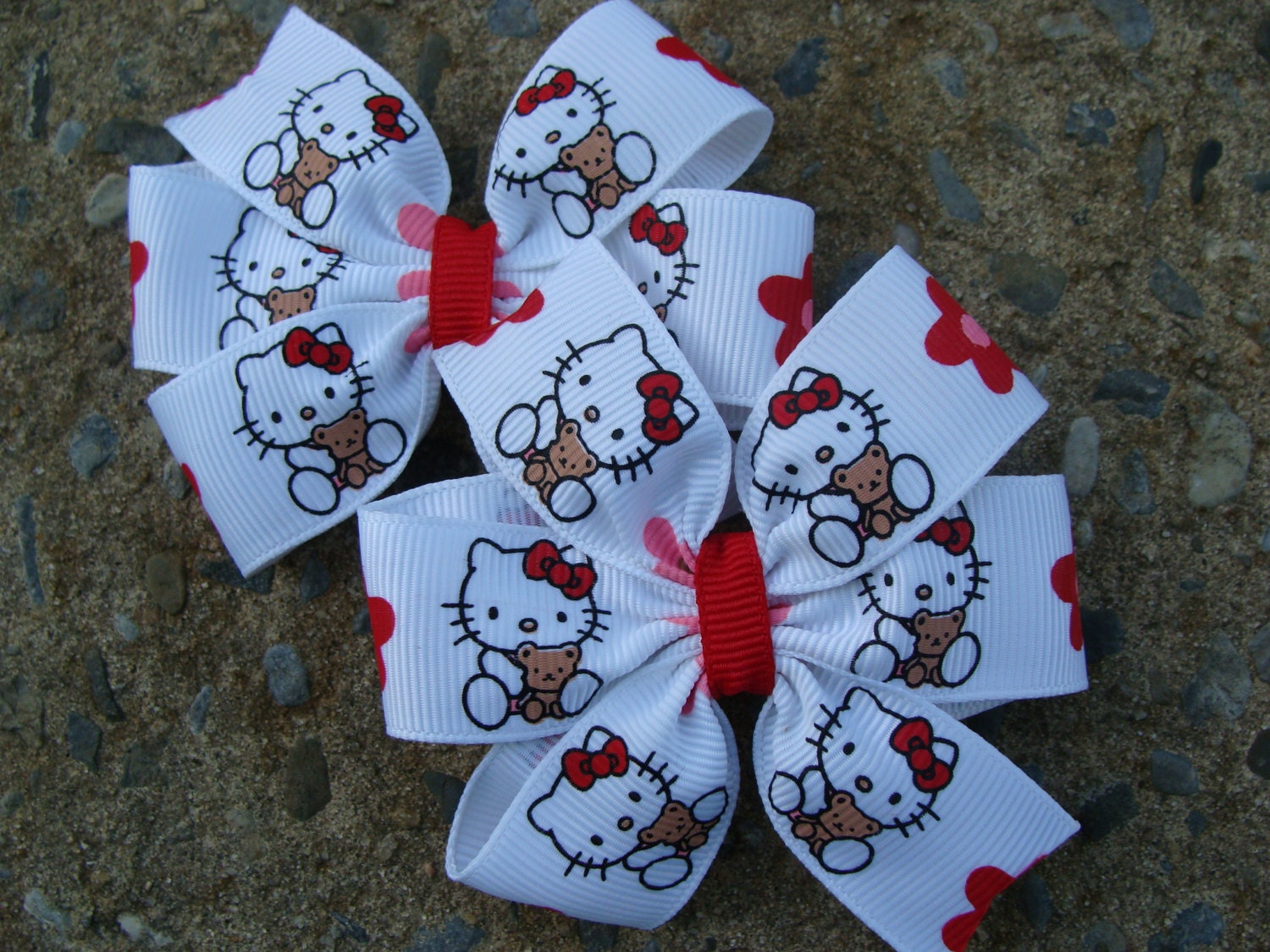Kitty Hair Bows Set Kitty with teddy bear hair bows Medium 3 inch hair bows
