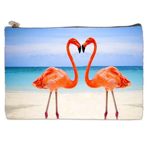 This bag will not shup until June 10th, Pink Flamingo Cosmetic Bag,  cosmetic makeup bag, flamingos on beach, Flamingo bag, Beach bag