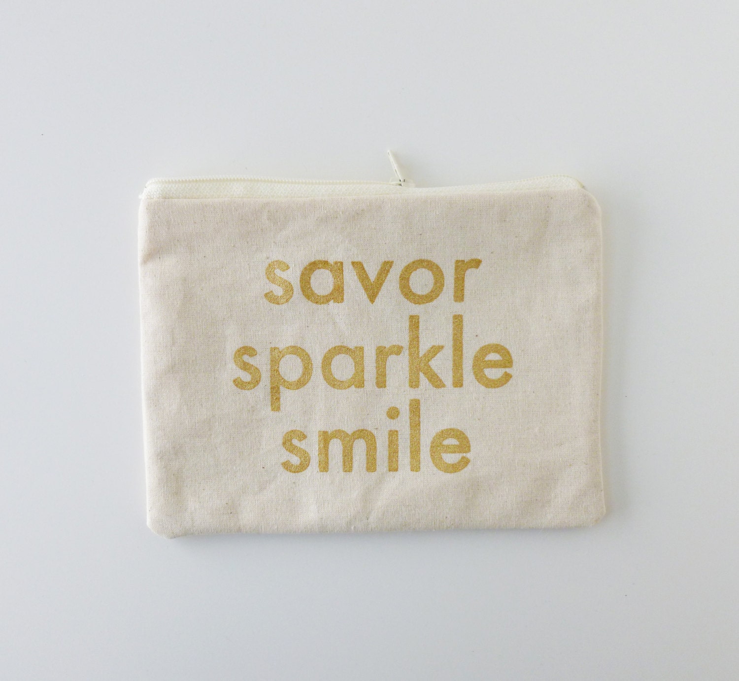 Savor Sparkle Smile Pouch - Zipper Pouch - Lined - 100% Cotton - Makeup Bag - Gold on Natural