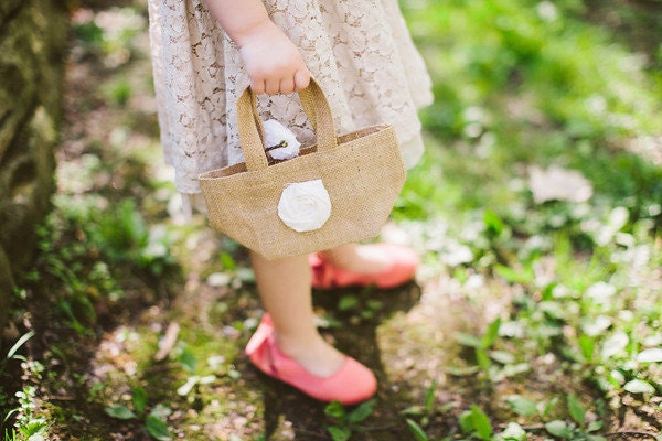 Flower Girl Burlap Basket Embellished with Handmade Silk Flower Shabby Chic Rustic Wedding