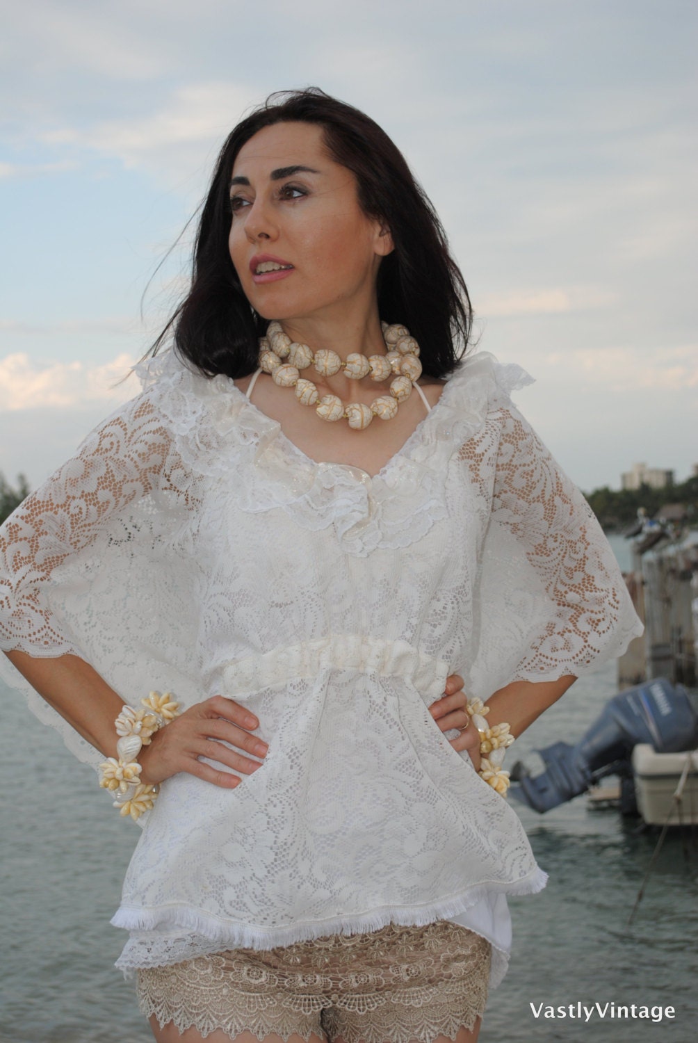 Whimsical Lace Blouse Kaftan Style Honeymoon Wedding from Reclaimed Materials with Vintage Slip
