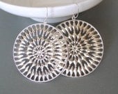 Sterling silver and large silver cut out round medallion disc dangle earrings.  Big.  Fun.  Fabulous.  Statement earrings.