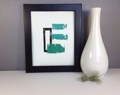 Abstract Art Modern Linocut POSTER Shades of Teal Ombre Linocut 8x10