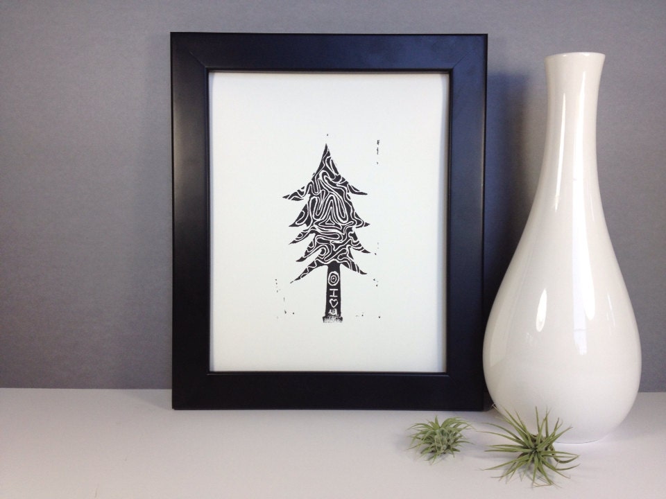 Holiday Decor of a Modern Christmas Tree Black Christmas Tree Linocut 8x10 Printmaking