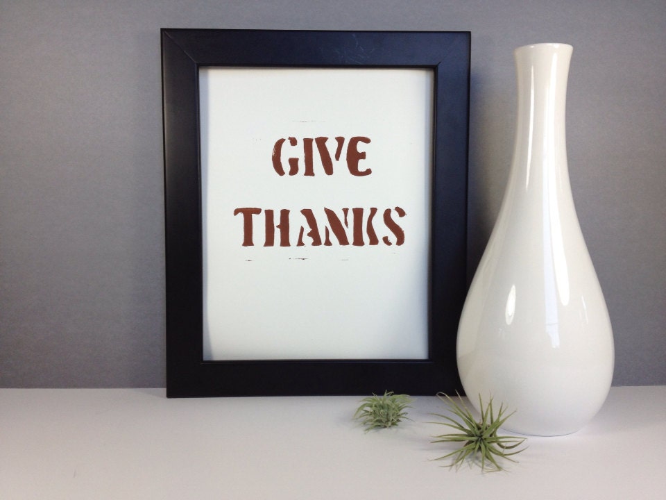 Modern Thanksgiving Decorations Typography GIVE THANKS PRINT Linocut 8x10