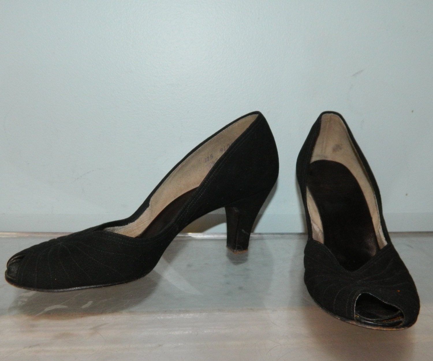 vintage 40s 50s peep toe pumps 6 6.5 black suede rockabilly swing dance