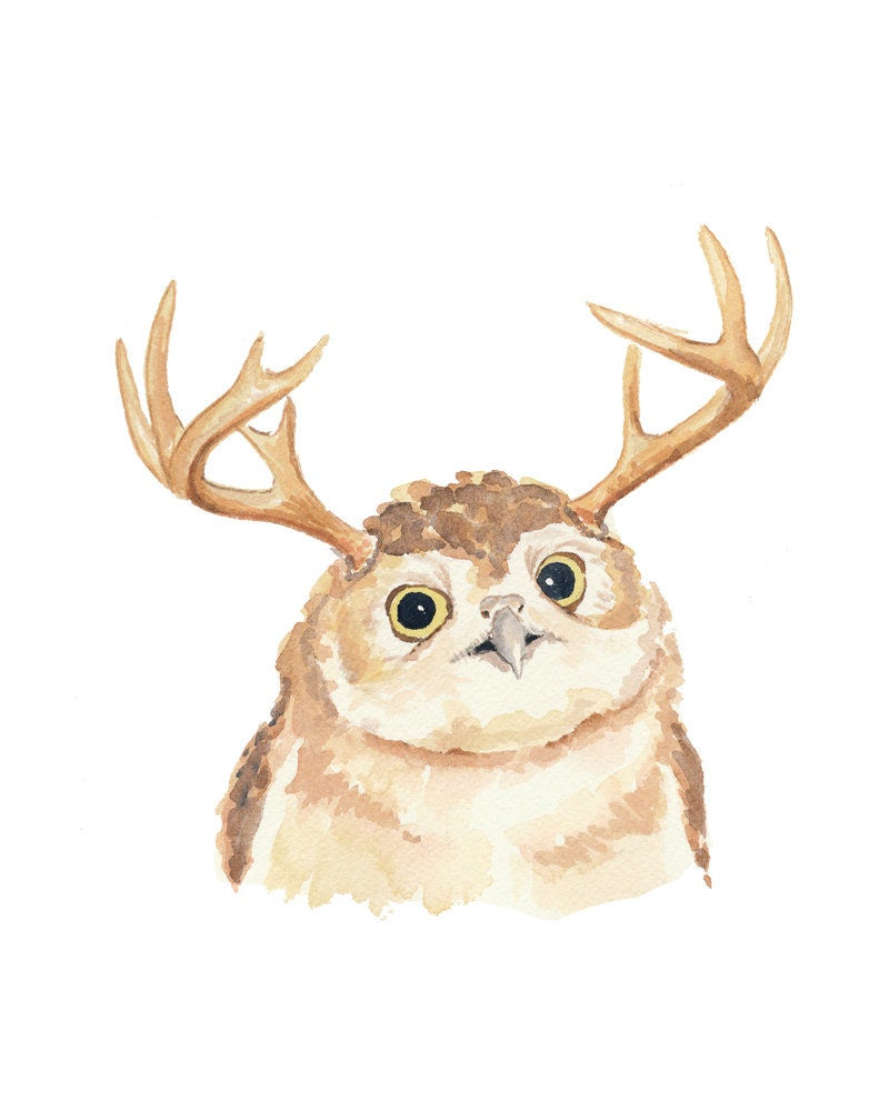 Owl Watercolor PRINT - Owl with Antlers, Nursery Art, Owl Illustration, Open Edition, 8x10 Art Print