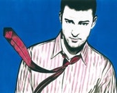 Justin Timberlake Watercolor Portrait - Blue Background Pink Tie - 8" x 10" Reproduction of a Watercolor Painting