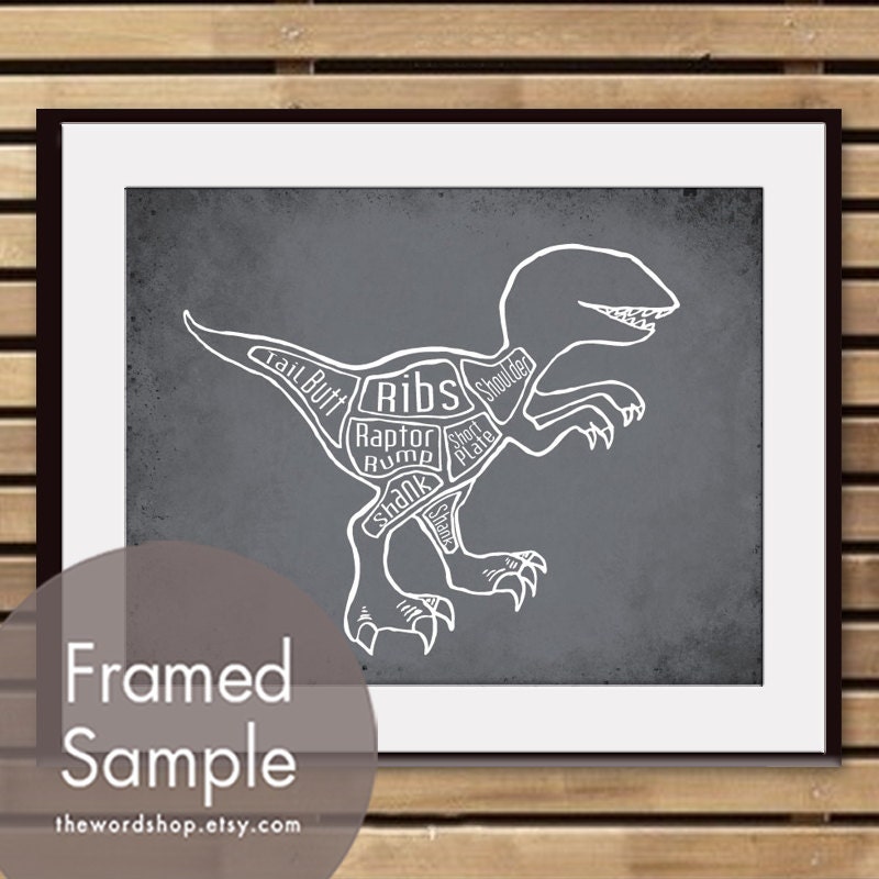 Velociraptor, A.k.a. Raptor Dinosaur Butcher Diagram - 11x14 Art Print (Featured in Charcoal) (Buy 3 and get One Free)