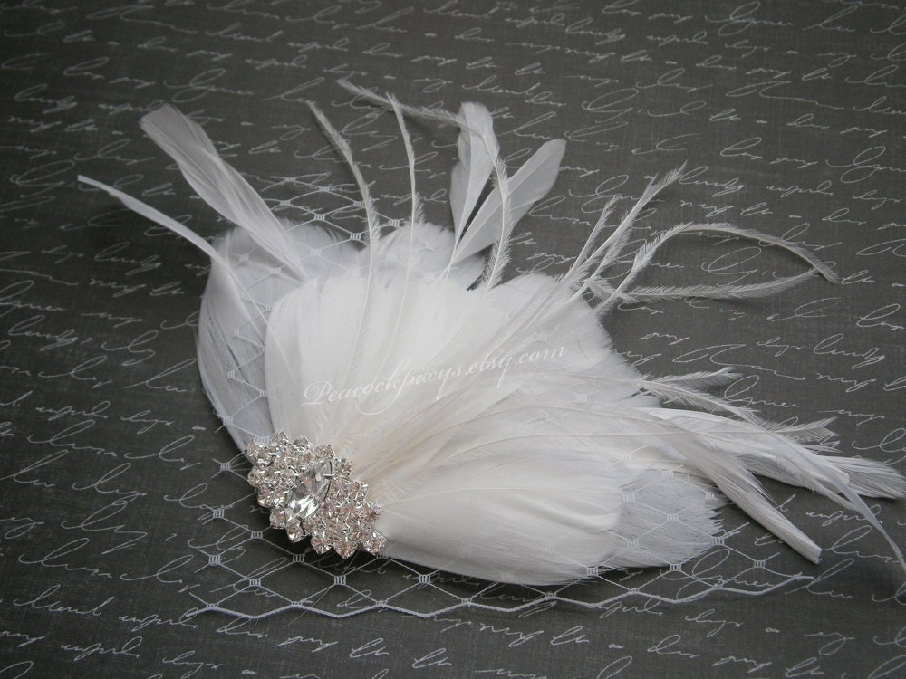 Feather, Feathered, Fascinators, Bridal, Hair, Accessories, Facinator, wedding, hair clips, white, ostrich, Bride - WHITE HEAVEN