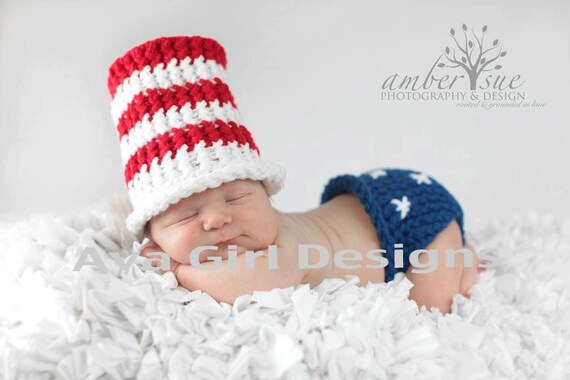 Knitted baby Fourth of July patriotic hat diaper cover set red white blue 0 to 3 months