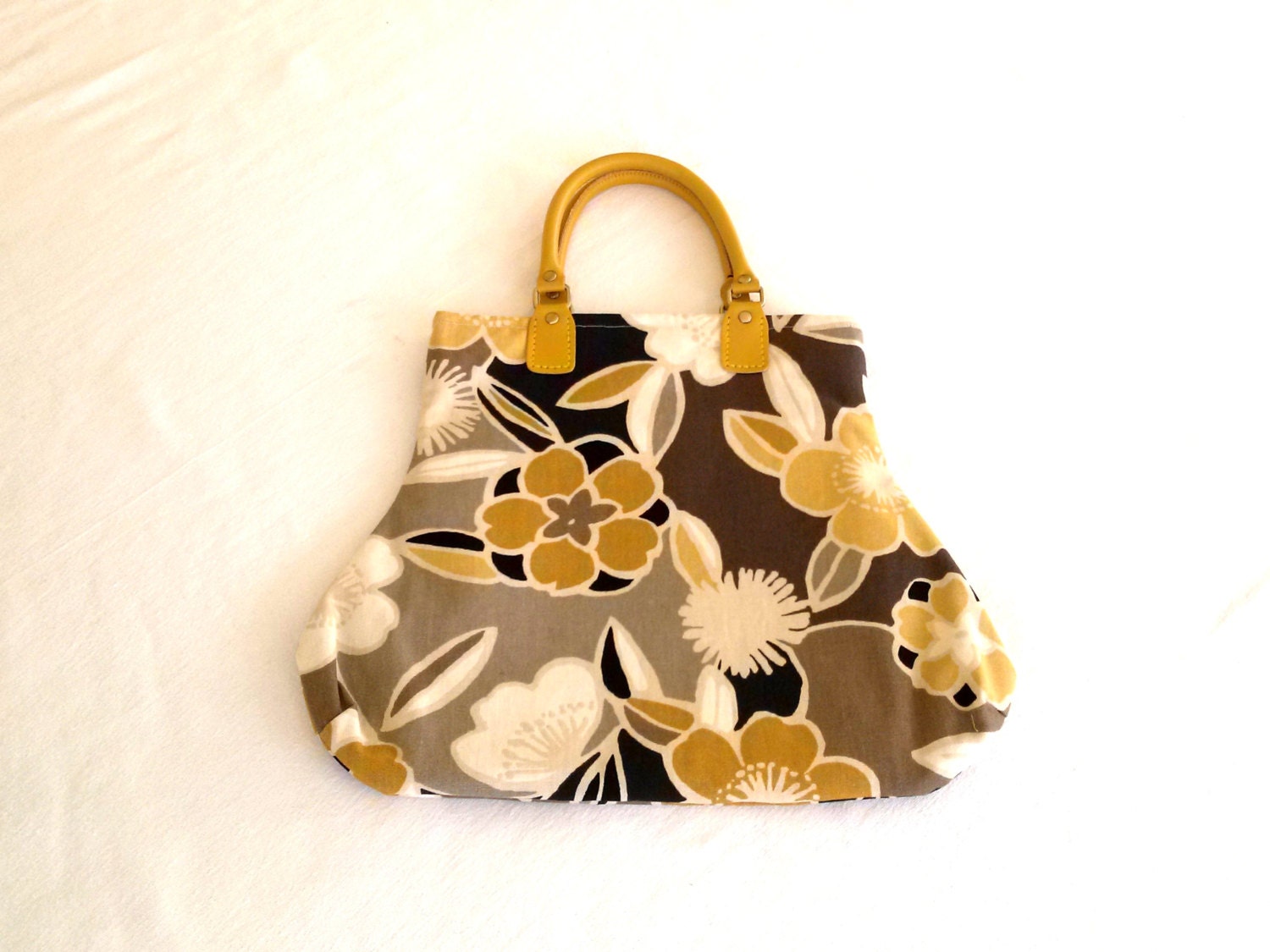 Floral Home Decor Fabric Handbag Purse Mustard Taupe Gray Black
