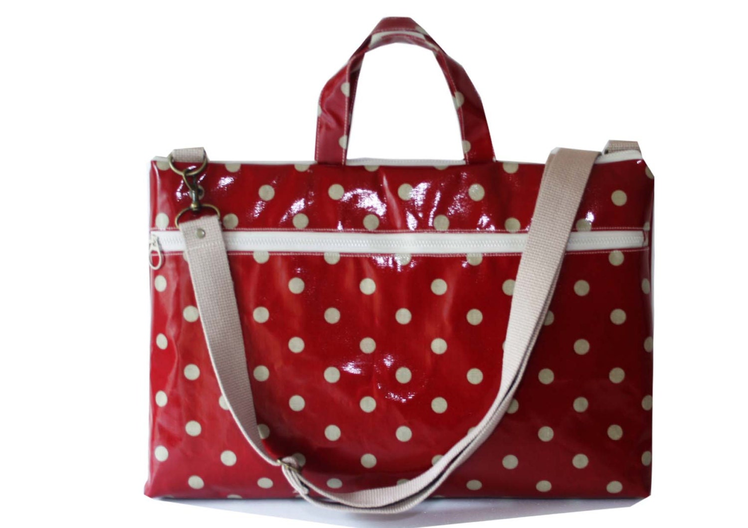 SALE- 15" Macbook or Laptop bag with handles and detachable shoulder strap- Polka dots in Dark Red  -Ready to ship