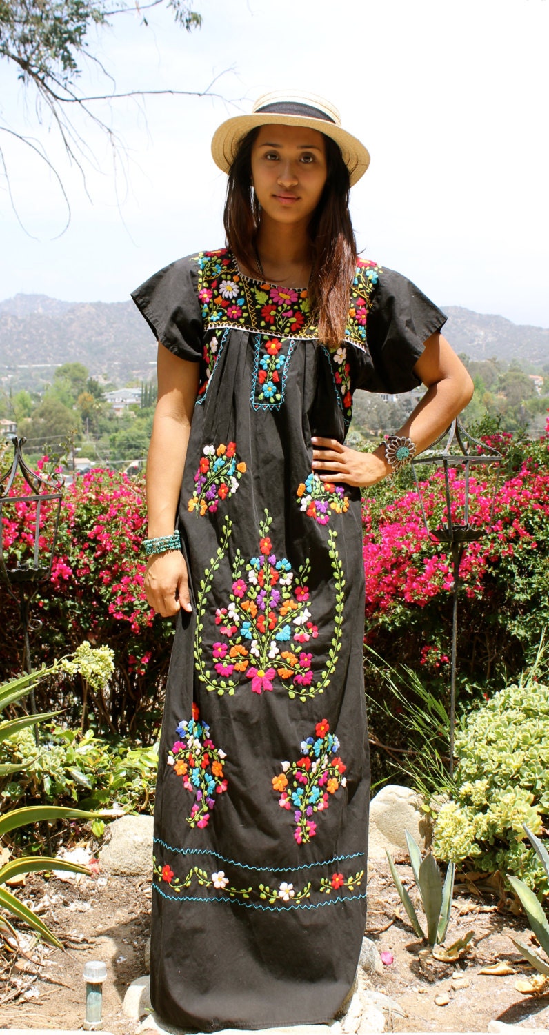 Large Black Beauty Vintage Mexican Maxi Dress Amazing Detail Stunning