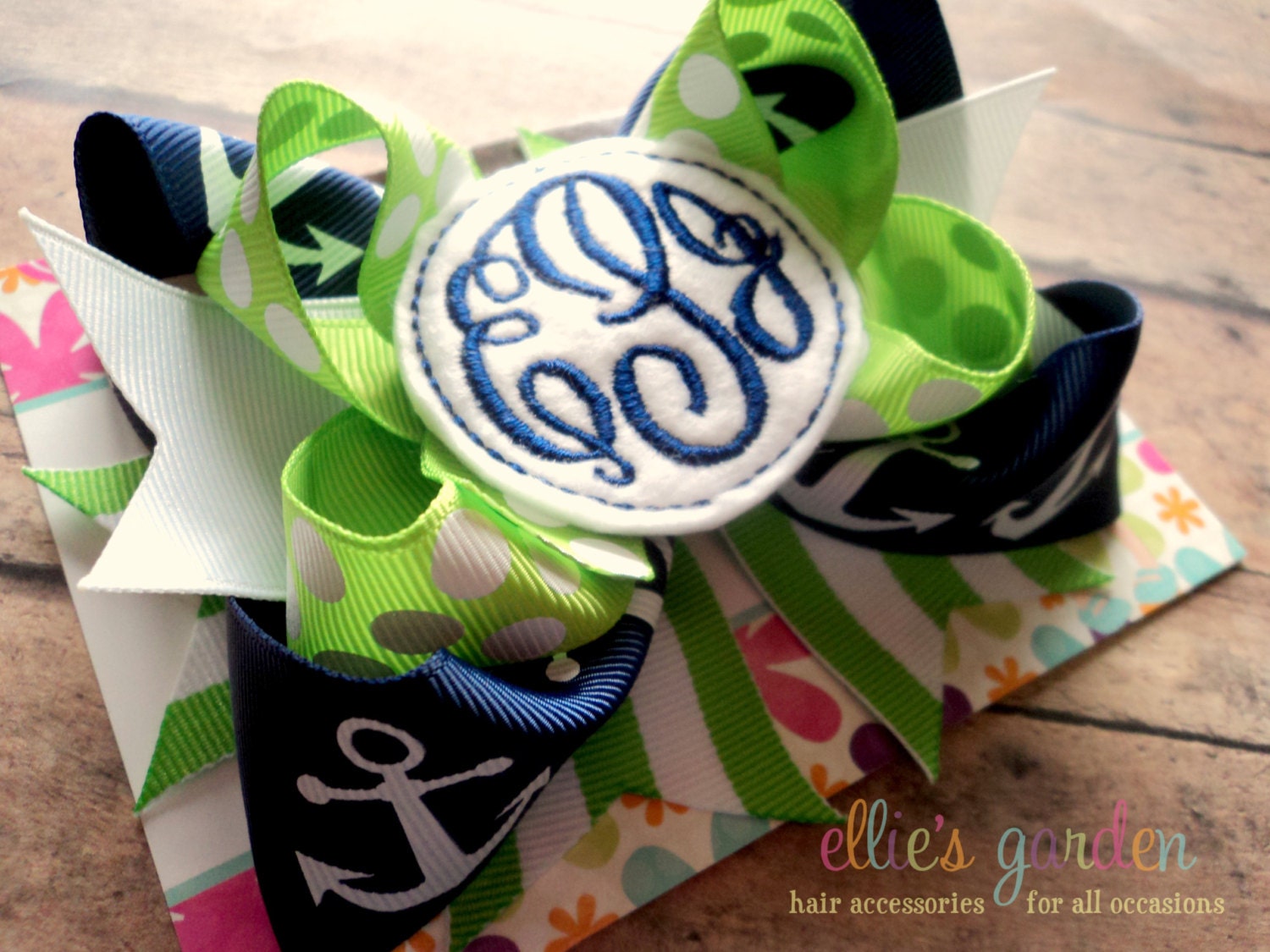 Embroidered Script Circle Three Initial Monogrammed Boutique Style Hair Bow Navy Lime Green White Anchors